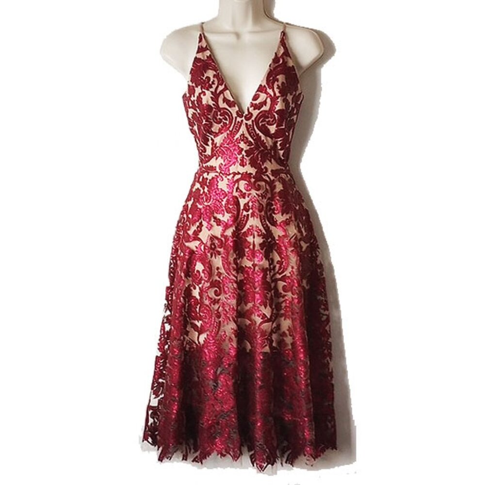 NWT Dress The Population Blair V-Neck Sequined Mesh Flare Dress XS Wine Berry